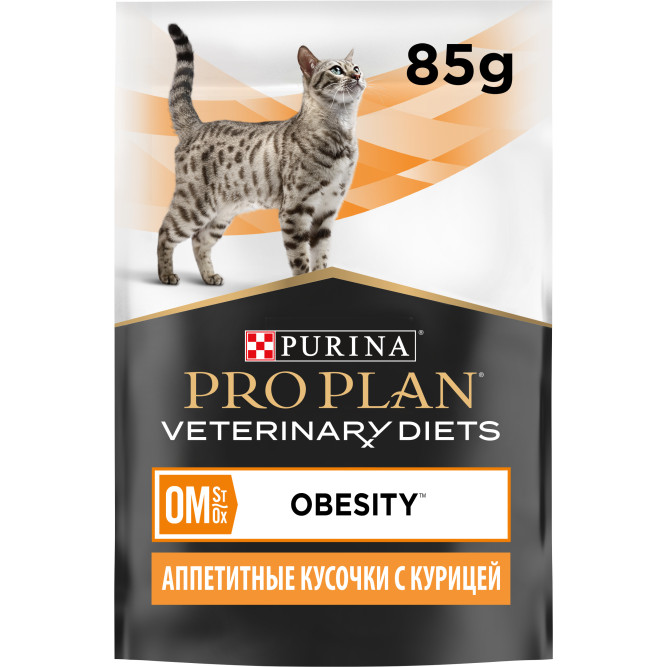 Purina Pro Plan Veterinary Diets OM Obesity Management влажный диетический корм для взрослых кошек для снижения избыточной массы тела, с курицей, в паучах - 85 г х 10 шт