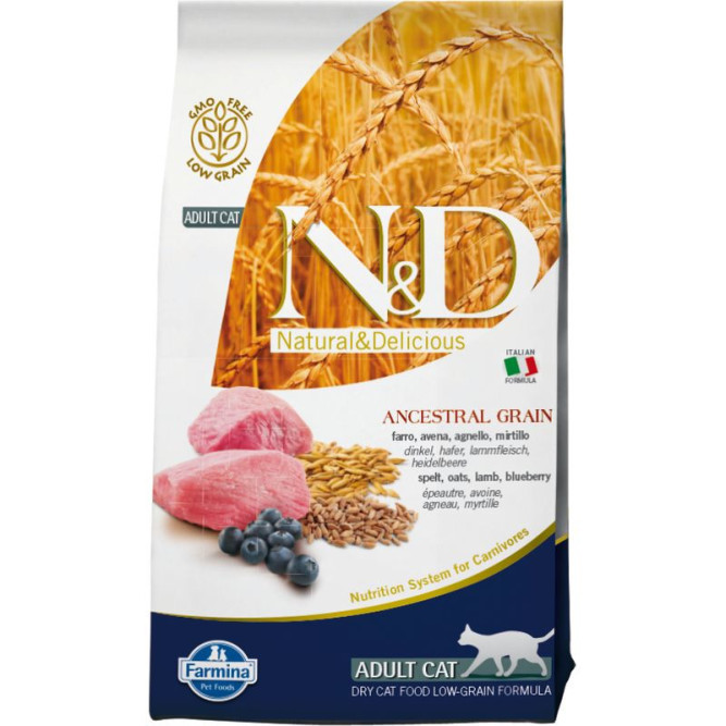 Farmina N&amp;D Ancestral Grain Cat Lamb, Spelt, Oats And Blueberry Adult сухой низкозерновой корм для взрослых кошек с ягненком и черникой - 5 кг