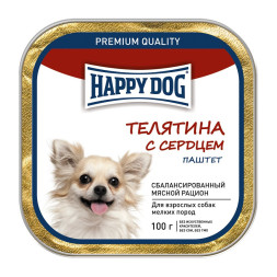 Happy Dog влажный корм для взрослых собак мелких пород с телятиной и сердцем - 100 г (15 шт в уп)
