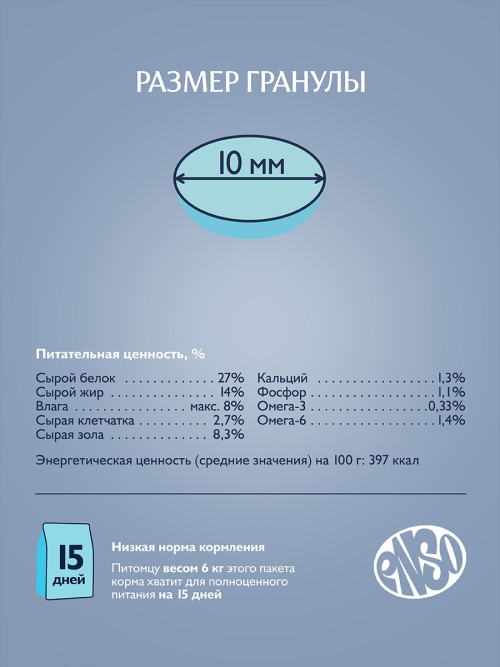 ENSO Dog Formula Monoprotein сухой корм для взрослых собак мелких и миниатюрных пород со свежей белой рыбой и добавлением брокколи - 1,5 кг