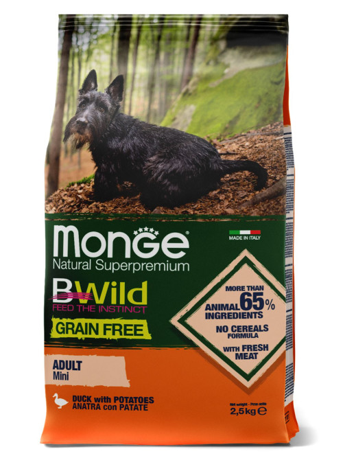 Monge Dog BWild Grain Free Mini сухой беззерновой корм из мяса утки с картофелем для взрослых собак мелких пород 2,5 кг