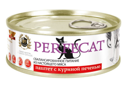 PERFECAT влажный корм для взрослых кошек паштет с куриной печенью, в консервах - 100 г х 24 шт