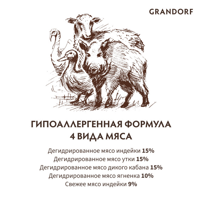 Grandorf сухой корм для домашних кошек с четырьмя видами мяса - 400 г