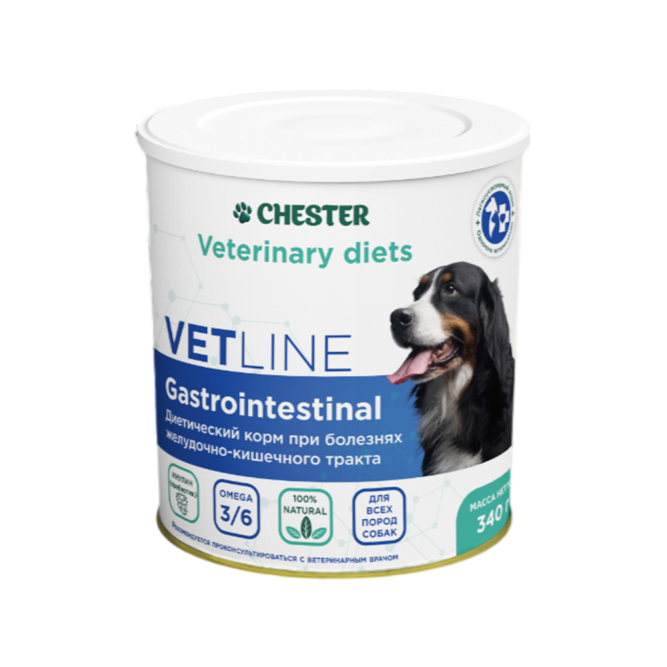 Chester Vetline Gastrointestinal влажный диетический корм для собак при заболеваниях ЖКТ, с птицей, в консервах - 340 г х 6 шт
