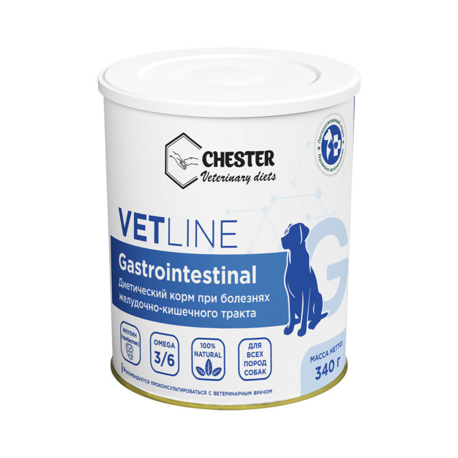 Chester Vetline Gastrointestinal влажный диетический корм для собак при заболеваниях ЖКТ, с птицей, в консервах - 340 г х 6 шт