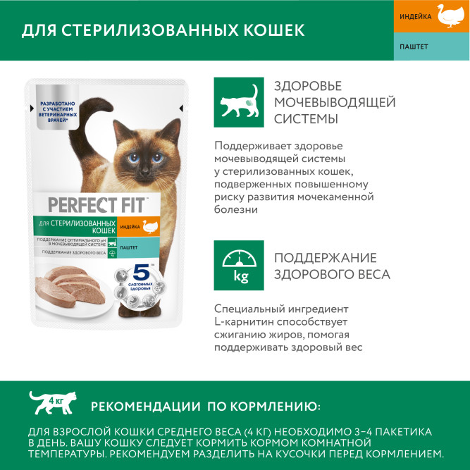 Perfect Fit влажный корм для стерилизованных кошек, паштет с индейкой, в паучах - 75 г х 28 шт
