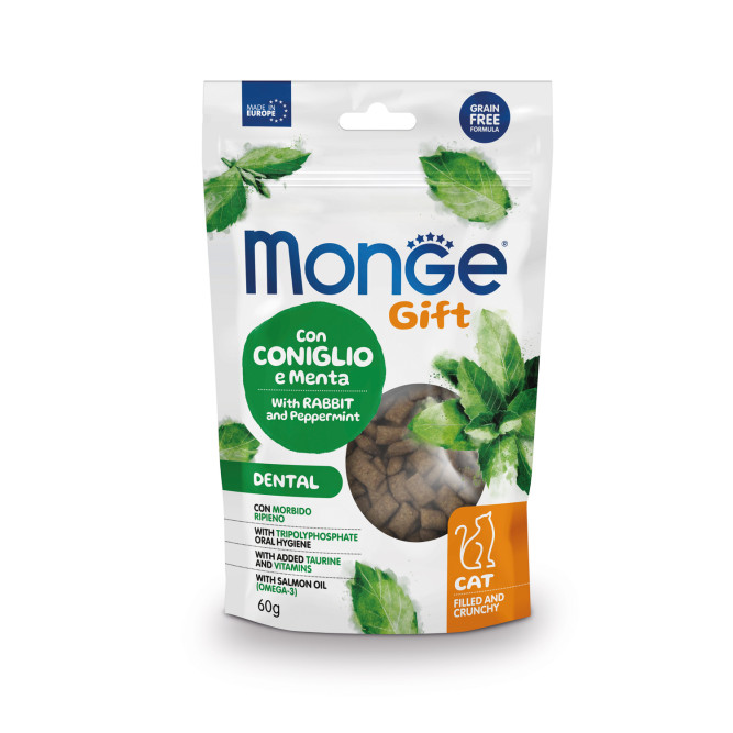 Monge Gift Dental лакомство для кошек Хрустящие подушечки с кроликом и перечной мятой, для чистки зубов - 60 г