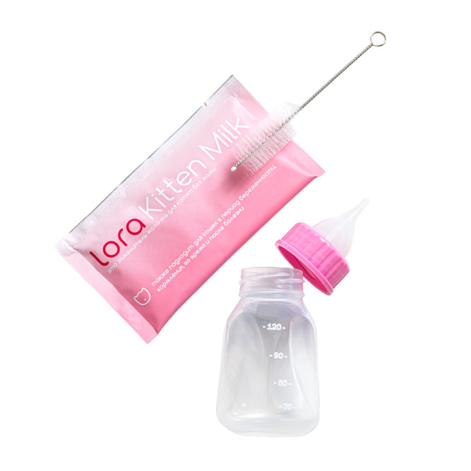 Lora Kitten Milk заменитель молока для котят, сухая смесь, набор паучей, бутылочка + щетка в подарок - 30г х 10 шт