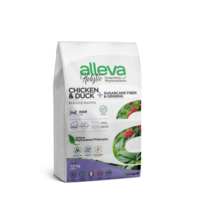 Alleva Holistic Cat Neutered сухой корм для кастрированных котов и стерилизованных кошек с курицей и уткой, волокнами сахарного тростника и женьшенем - 1,5 кг