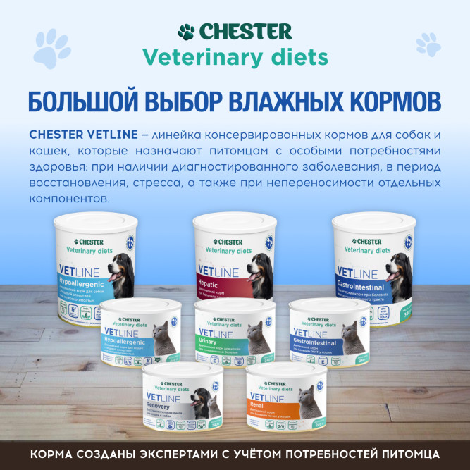 Chester Vetline Hypoallergenic влажный диетический корм для собак при пищевой аллергии, с птицей, в консервах - 340 г х 6 шт