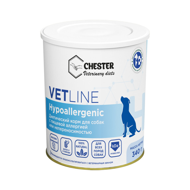 Chester Vetline Hypoallergenic влажный диетический корм для собак при пищевой аллергии, с птицей, в консервах - 340 г х 6 шт