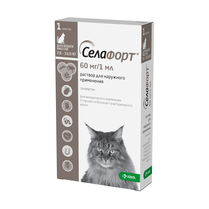Селафорт капли от блох, вшей и власоедов для кошек весом от 7,6 до 10 кг - 1 пипетка (60 мг/1 мл)