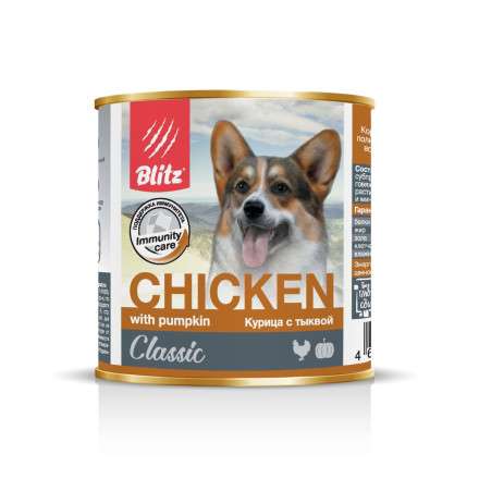 Blitz Classic Adult Dog влажный корм для взрослых собак, с курицей и тыквой в консервах - 750 г x 12 шт