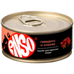 ENSO влажный корм для взрослых кошек, паштет с говядиной и клюквой, в консервах - 100 г х 24 шт