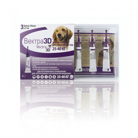 Vectra 3D капли инсектоакарицидные для наружного применения против эктопаразитов у собак весом 25-40 кг - 4,7 мл х 3 пипетки