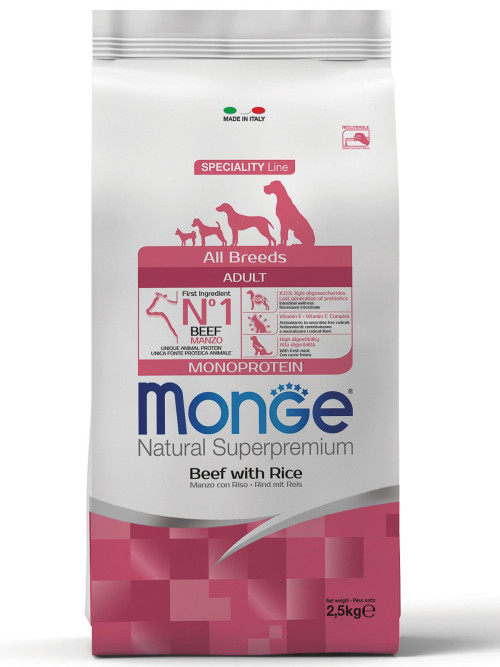 Monge Dog All Breeds сухой корм для взрослых собак с говядиной и рисом 2,5 кг