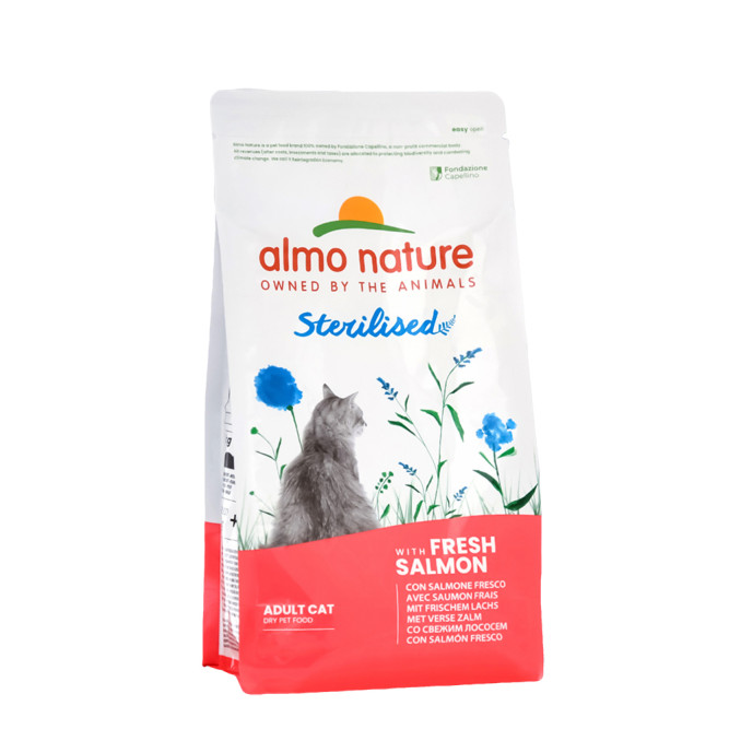 Almo Nature сухой корм для стерилизованных кошек и кастрированных котов, со свежим лососем и коричневым рисом - 400 г