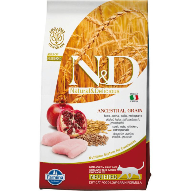 Farmina N&amp;D Ancestral Grain Cat Chicken &amp; Pomegranate Neutered Adult сухой низкозерновой корм для стерилизованных кошек с курицей и гранатом - 5 кг
