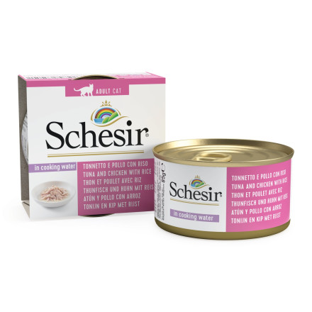 Schesir Cat Adult влажный корм для взрослых кошек с тунцом, курицей и рисом в консервах - 85 г х 14 шт