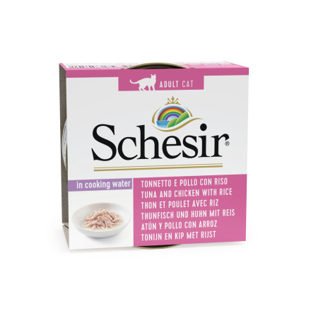 Schesir Cat Adult влажный корм для взрослых кошек с тунцом, курицей и рисом в консервах - 85 г х 14 шт