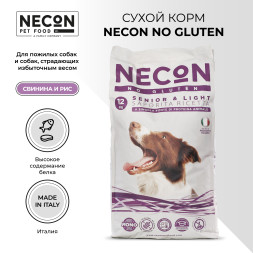 Necon No Gluten Senior &amp; Light безглютеновый сухой корм для пожилых собак и собак с избыточным весом, со свининой и рисом - 12 кг