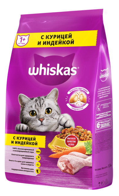 Whiskas Вкусные подушечки с нежным паштетом сухой корм для взрослых кошек Аппетитное ассорти с курицей и индейкой - 1,9 кг