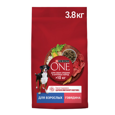 Purina ONE сухой корм для собак средних и крупных пород с говядиной и рисом - 3,8 кг
