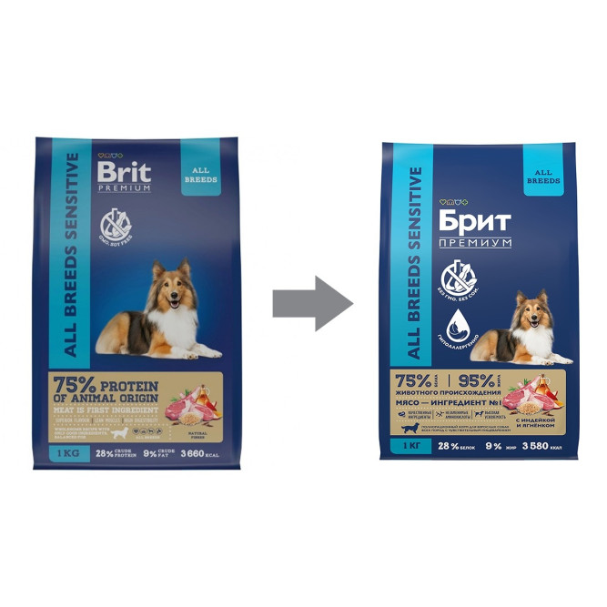Брит Премиум Dog Sensitive сухой корм для взрослых собак всех пород с чувствительным пищеварением с ягненком и индейкой - 1 кг