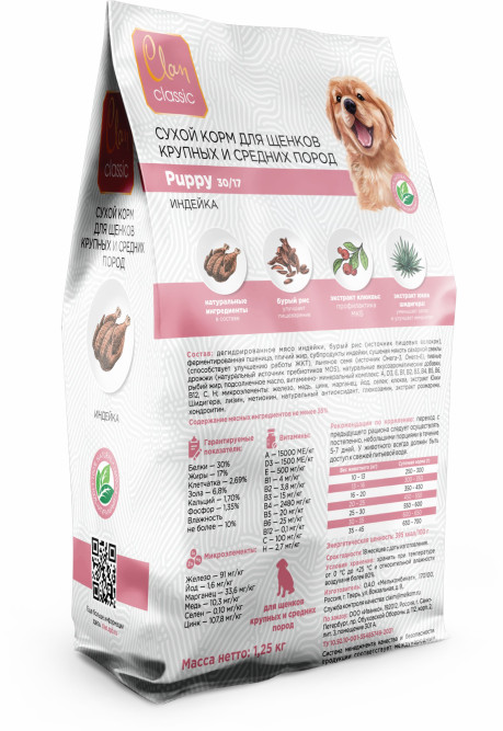 Clan Classic Puppy 30/17 сухой корм для щенков крупных и средних пород с индейкой - 1,25 кг