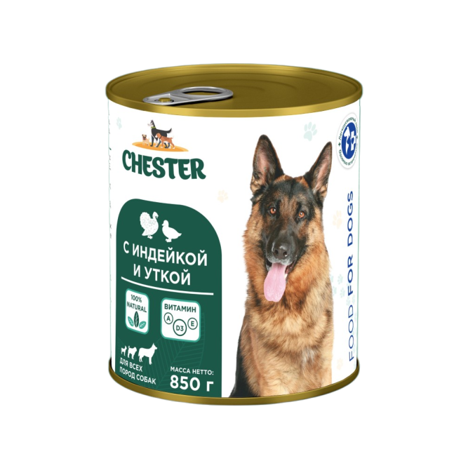 Chester влажный корм для взрослых собак всех пород, с индейкой и уткой, в консервах - 850 г х 6 шт