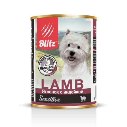 Blitz Sensitive Adult Dog влажный корм для взрослых собак с чувствительным пищеварением, с ягненком и индейкой, в консервах - 400 г х 24 шт