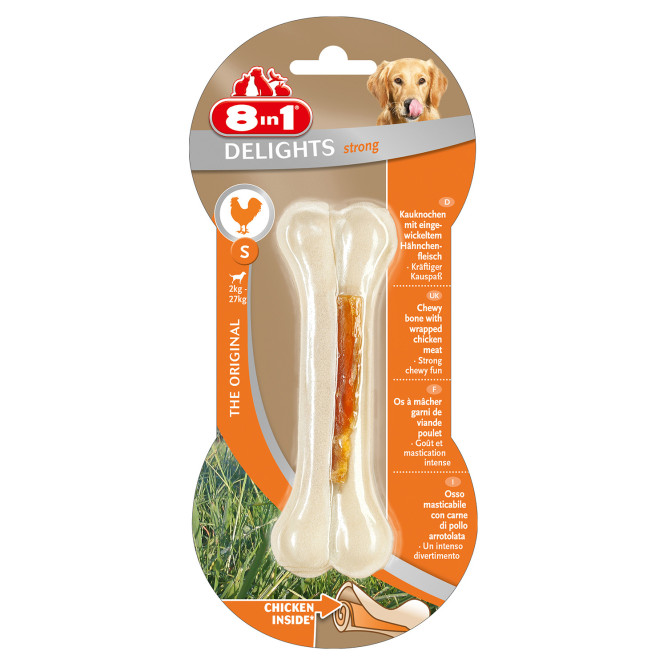 Лакомство 8in1 DELIGHTS Strong S косточка сверхпрочная с куриным мясом для мелких и средних собак 11 см